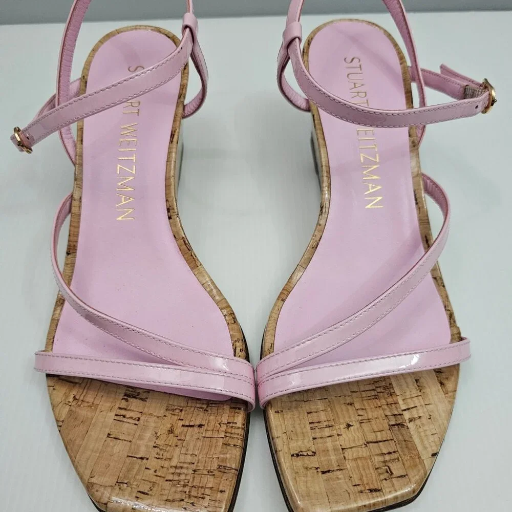 Stuart Weitzman Oasis 50 Cork Wedge Sandal Womens 10 Light Pink Strappy Designer